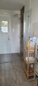 a bathroom with a shower and a table with towels at Ferienwohnung Stoisser in Mureck