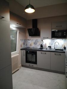 uma cozinha com um lavatório e um fogão forno superior em Maison Diderot em Langres