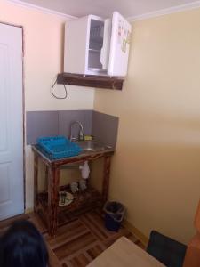 a kitchen with a sink and a microwave at sleep easy in Coquimbo