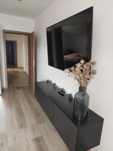 a vase of flowers on a black cabinet with a television at Apartmán 2023 in Stříbro