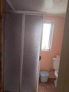 a bathroom with a toilet and a glass door at sleep easy in Coquimbo