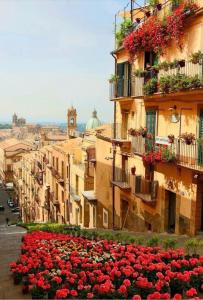 un grupo de edificios con flores delante de ellos en Casa tipica siciliana patronale home BedandBreakfast TreMetriSoprailCielo Camere con vista, colazione interna in terrazzo panoramico, en Caltagirone