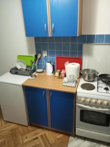 a small kitchen with a stove and blue cabinets at Airport MD rooms 2 in Belgrade