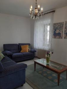ein Wohnzimmer mit einem blauen Sofa und einem Couchtisch in der Unterkunft Valsugana, Lagorai, Laghi, Arte Sella in Rundscheinberg