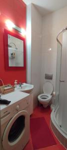 a bathroom with a toilet and a washing machine at Apartman 77 in Požarevac