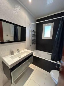 a bathroom with a sink and a toilet and a mirror at cosy et spacieux, avec balcon in Ariana