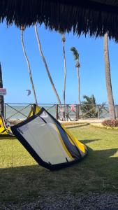 a kite laying on the grass under a straw umbrella at Eco Paradise 110 - Cumbuco in Caucaia