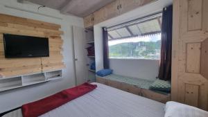 a bedroom with a bed with a window and a tv at Sandiago Villa 2 Bhk House - Only Bachelors Adults in Ooty
