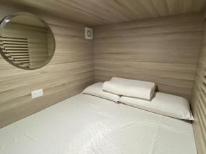 安地瓜的住宿－Capsulas La Sin Ventura，一间小卧室,配有一张床和镜子