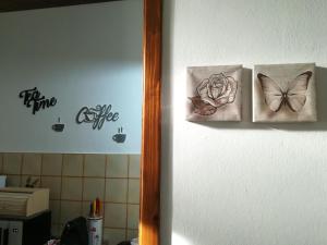 drei Bilder von Schmetterlingen an einer Wand in einer Küche in der Unterkunft La casa di Ali in Abbadia San Salvatore