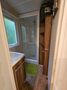 La salle de bains est pourvue d'un lavabo blanc et d'une douche. dans l'établissement Magnifique Mobil home Lac D'Aiguebelette, à Novalaise