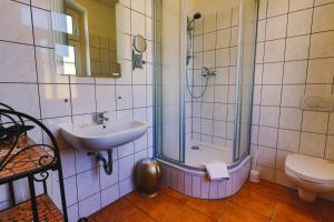 a bathroom with a sink and a shower and a toilet at Ryde & Hyde Budget Hotel in Dresden