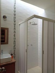 y baño con ducha y lavamanos. en Casa Lelé -Linda y acogedora casa de campo para 6 pax en magnífica ubicación, en Tequisquiapan
