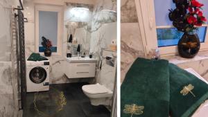 two pictures of a bathroom with a toilet and a sink at Chwilo Trwaj dom z jacuzzi, sauną i kominkiem z widokiem na góry Korbielów Pilsko in Korbielów +42 photos
