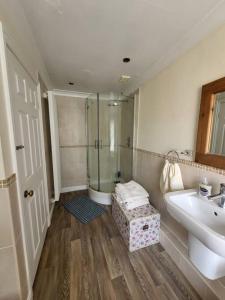 uma casa de banho com um chuveiro e um lavatório. em Number One Bridgefoot Cottage em West Stockwith