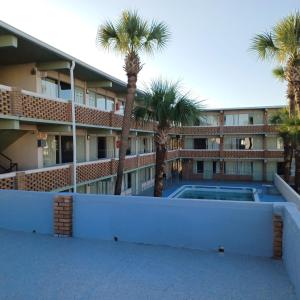 a building with palm trees and a swimming pool at Palmsbythebeach in Myrtle Beach
