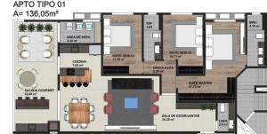 Plano de Apartamento Residencial Bordô amplo 3 quartos próximo à praia