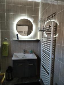 W łazience znajduje się umywalka i lustro. w obiekcie Apartmani Jozić w mieście Garešnica