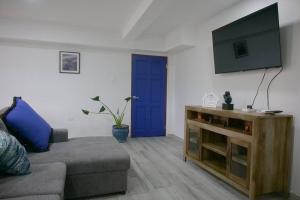 a living room with a couch and a flat screen tv at Cascade Mountain View Oasis in Port-of-Spain