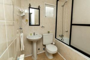 La salle de bains est pourvue de toilettes, d'un lavabo et d'une douche. dans l'établissement Darwin Hotel, à Puerto Natales