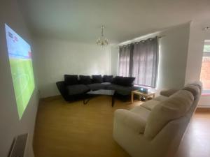a living room with a couch and a tv at Cosy 3BR Home Close to Villa Park Castle Bromwich off the M6 in Birmingham