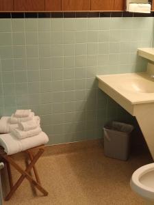 a bathroom with a sink and a toilet and towels at Siesta Motel in Havre