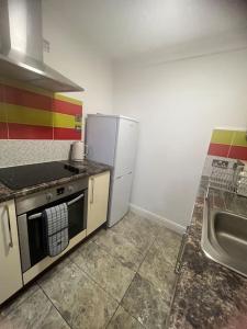 uma cozinha com um fogão, um frigorífico e um lavatório em Newly furnished Apartment, Leicester City Centre em Leicester
