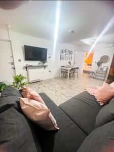 a living room with a couch and a television at Newly furnished Apartment, Leicester City Centre in Leicester