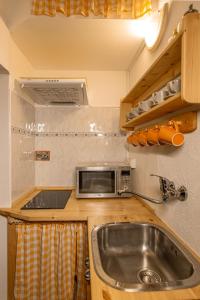 a kitchen with a sink and a microwave at Chata Zvoneček in Jiřetín pod Jedlovou