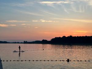 una persona remando en un barco en un lago al atardecer en Domek pod świerkami 1 en Skorzęcin