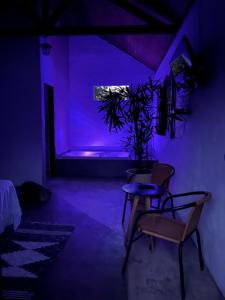 a purple room with a table and a plant at Pousada Chalés da Lua in Munhoz