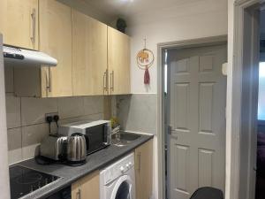 eine kleine Küche mit einer Spüle und einer Mikrowelle in der Unterkunft the wood in London