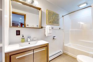 a bathroom with a white sink and a shower at Rustic Escape in Franconia +42 photos