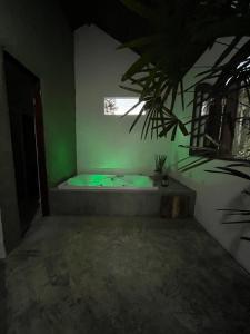 a room with a bath tub in a green room at Pousada Chalés da Lua in Munhoz
