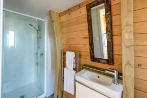a bathroom with a sink and a shower and a mirror at Moonrise on Seaview in Palm Beach