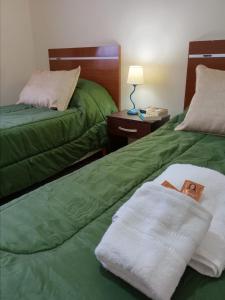 a bedroom with two beds with green sheets at My House in El Calafate. in El Calafate