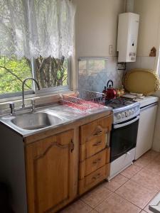 a kitchen with a sink and a stove at Cabaña Quillón El Campito in Quillón