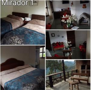 eine Collage mit Fotos eines Schlafzimmers mit Betten und einem Tisch in der Unterkunft Cabañas Campestre Sierra Viva in Zacatlán