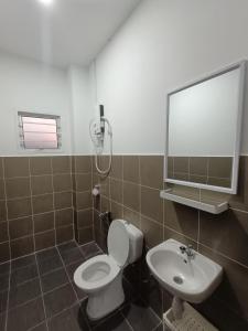 a bathroom with a toilet and a sink and a mirror at Homestay Kesang Sungai Rambai in Kampong Sungai Rambai