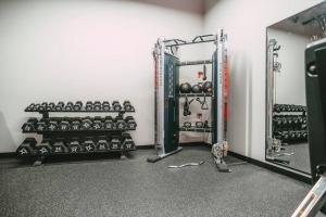 a gym with a mirror and lots of weights at NEW Luxury 2BR Penthouse Apt In Central Halifax in Halifax