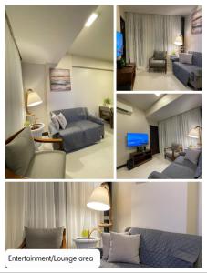 a collage of three pictures of a living room at The Beach Suite at The Mactan Newtown in Lapu Lapu City