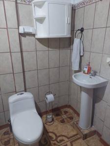 een kleine badkamer met een toilet en een wastafel bij Spacious house, green areas, close to Río Celeste, Toucans House in Bijagua