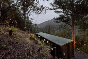 a small house in the middle of a forest at Fernvale Cottage - An Enchanting Mountainside Oasis in Lenah Valley