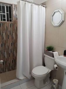 a bathroom with a toilet and a shower curtain at Something Blue in Savanna-la-Mar