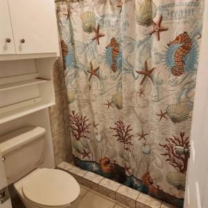 a bathroom with a shower curtain with a toilet at 3 bedroom townhouse w garage blocks from the beach in Puerto Peñasco