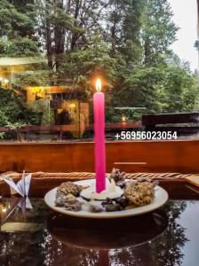 a pink candle on a plate on a table at Cabaña Pachamama in Caburgua