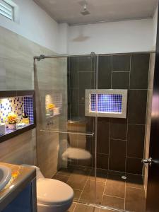 een badkamer met een douche, een toilet en een wastafel bij RIOPARK BEACH HOTEL in Yopal