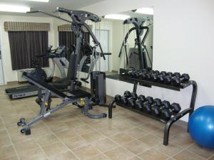 einen Fitnessraum mit zwei Laufbändern und einem blauen Ball in der Unterkunft Perfect Inns & Suites in Weyburn