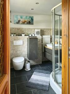 ein Badezimmer mit Toilette, Waschbecken und Dusche in der Unterkunft Ferienhaus Nicole in Quedlinburg + 42 Fotos