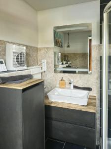 ein Bad mit einem Waschbecken und einem Spiegel in der Unterkunft Ferienhaus Nicole in Quedlinburg